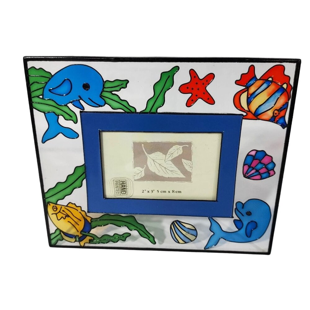 Glass Hand-Painted Sea Life Picture Frame Holds 2"x3" Photo